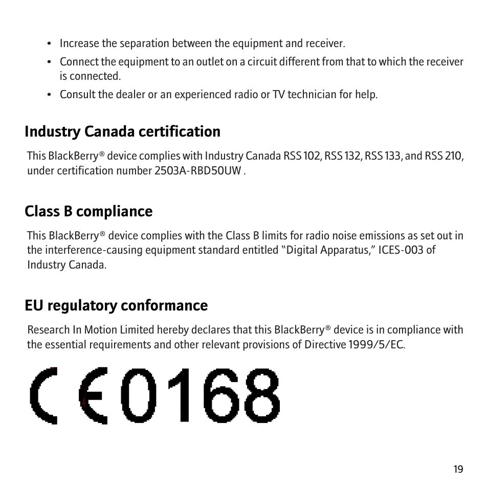 Industry canada certification, Class b compliance, Eu regulatory conformance | Blackberry 8707v User Manual | Page 21 / 30