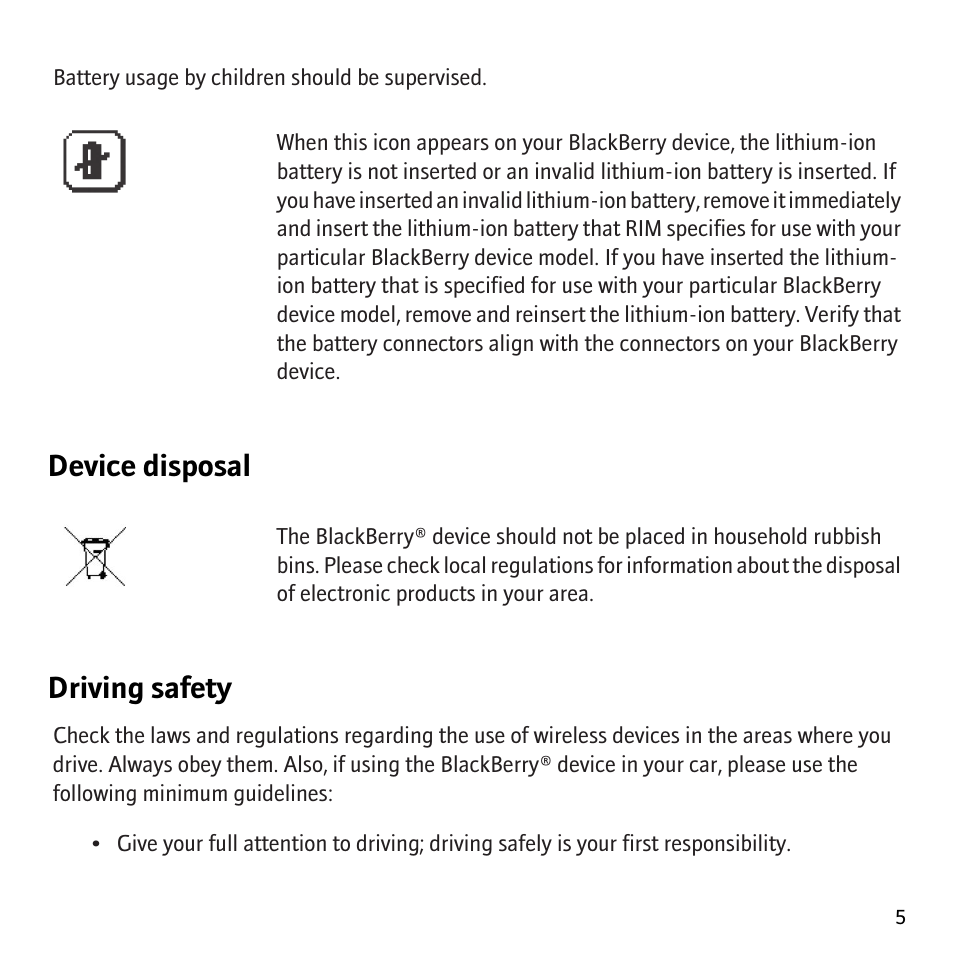 Device disposal, Driving safety | Blackberry 8707v User Manual | Page 7 / 30