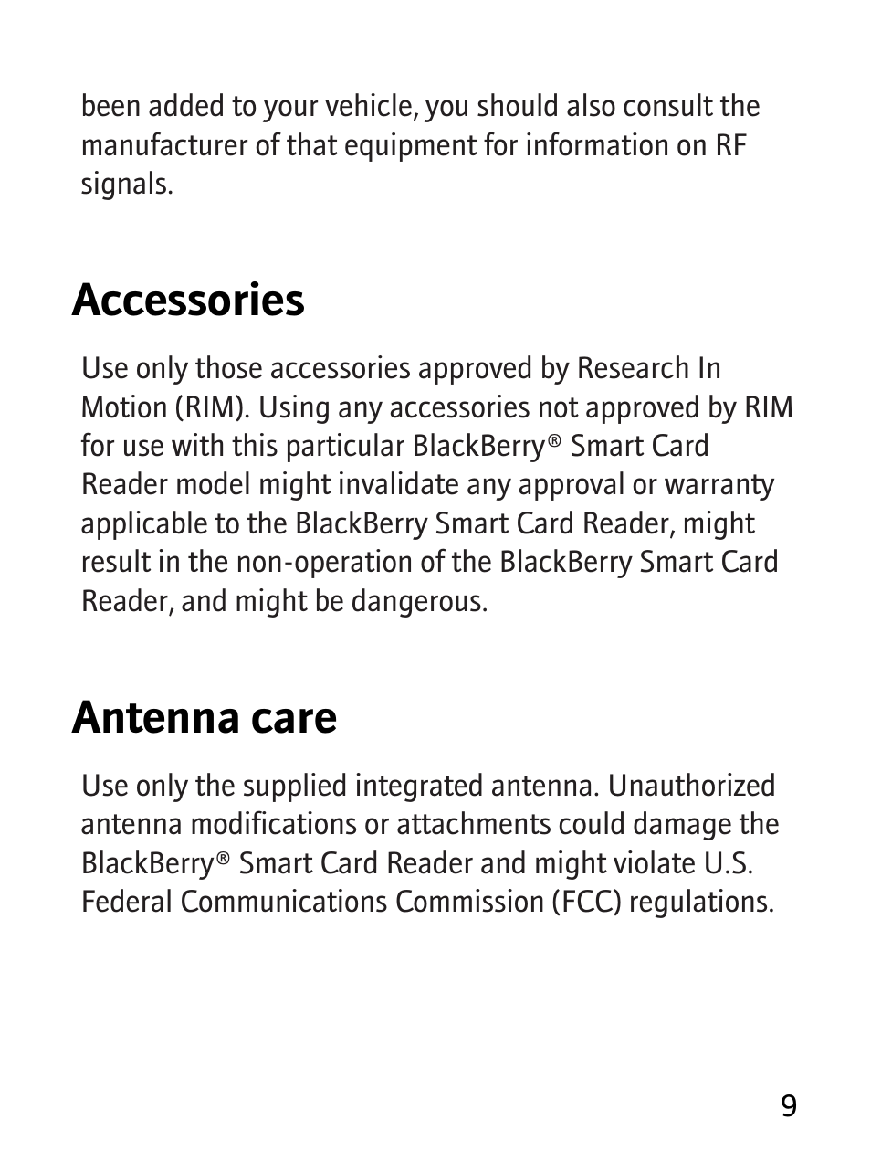 Accessories, Antenna care | Blackberry RBB10BW User Manual | Page 11 / 46