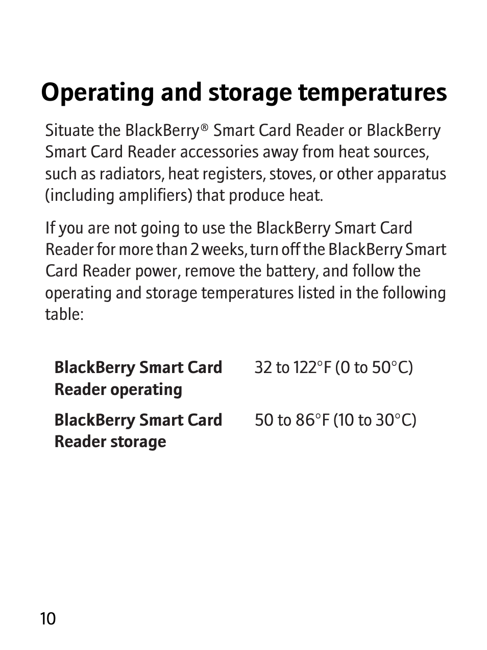 Operating and storage temperatures | Blackberry RBB10BW User Manual | Page 12 / 46