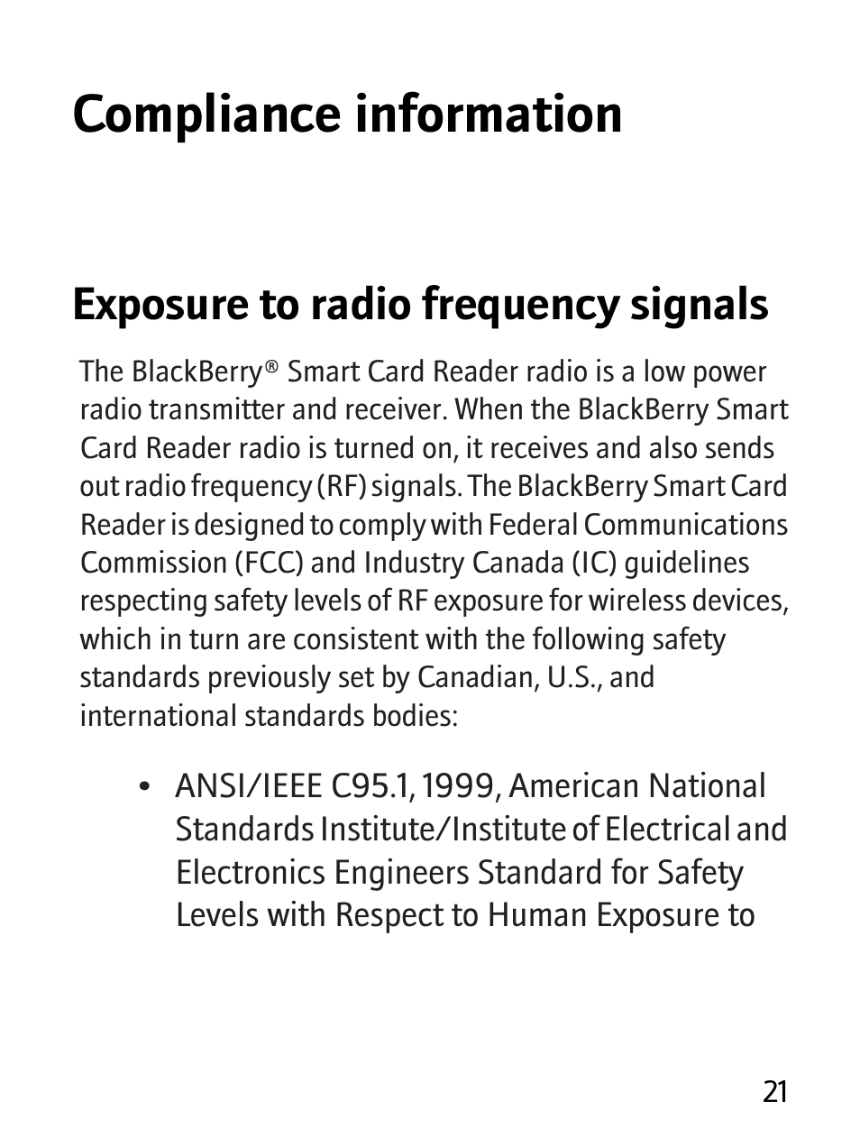 Compliance information, Exposure to radio frequency signals | Blackberry RBB10BW User Manual | Page 23 / 46