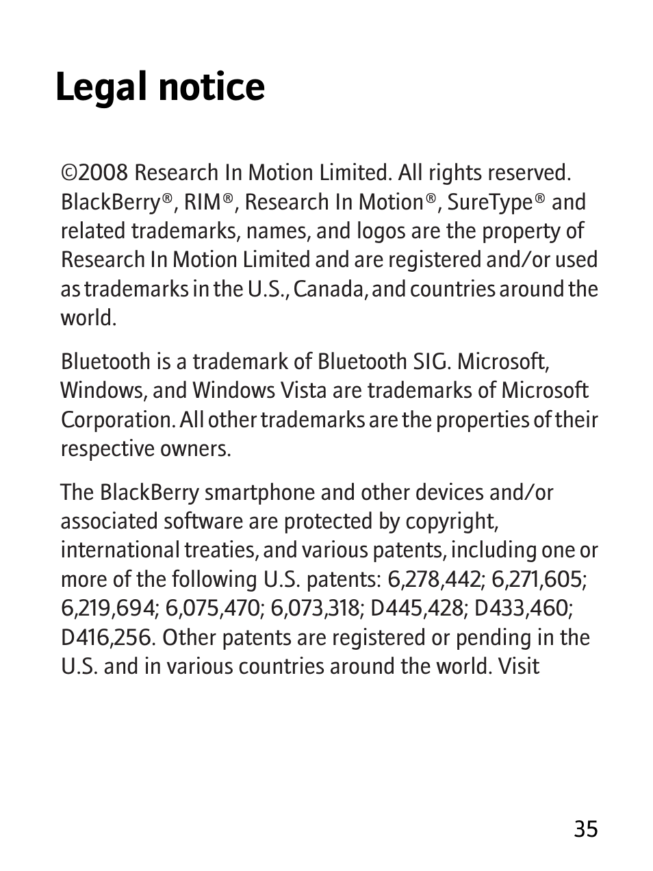 Legal notice | Blackberry RBB10BW User Manual | Page 37 / 46