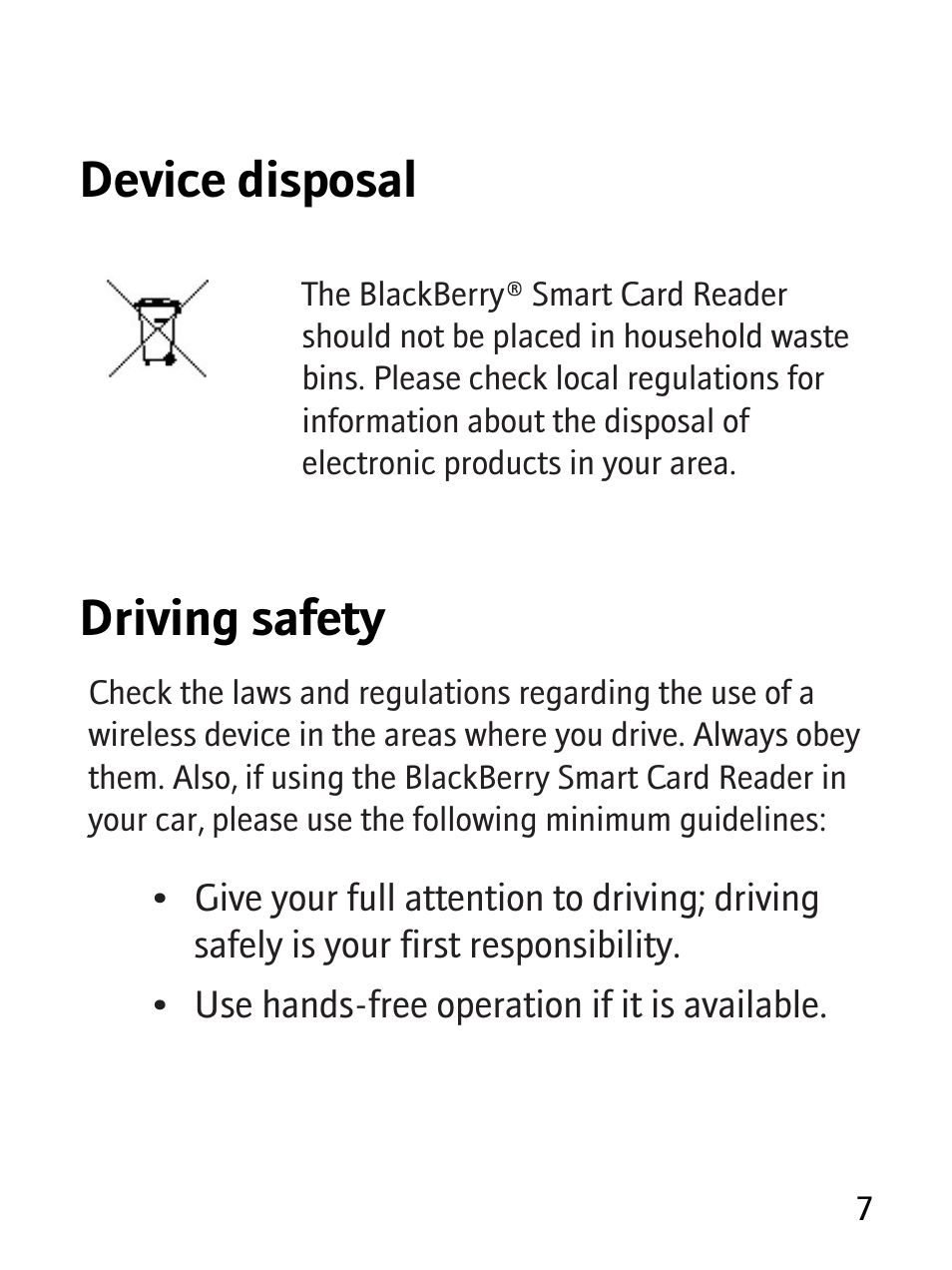 Device disposal, Driving safety | Blackberry RBB10BW User Manual | Page 9 / 46