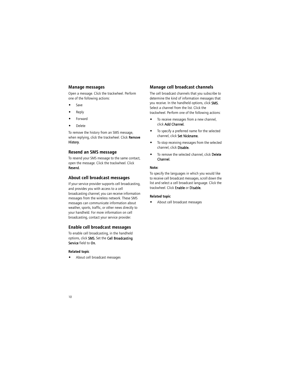 Manage messages, Resend an sms message, About cell broadcast messages | Enable cell broadcast messages, Manage cell broadcast channels | Blackberry 7290 User Manual | Page 10 / 132