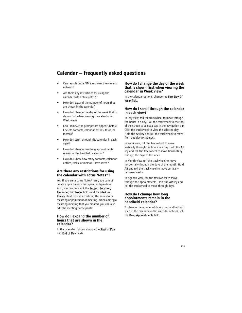 Calendar - frequently asked questions, How do i scroll through the calendar in each view, Calendar — frequently asked questions | Blackberry 7290 User Manual | Page 103 / 132