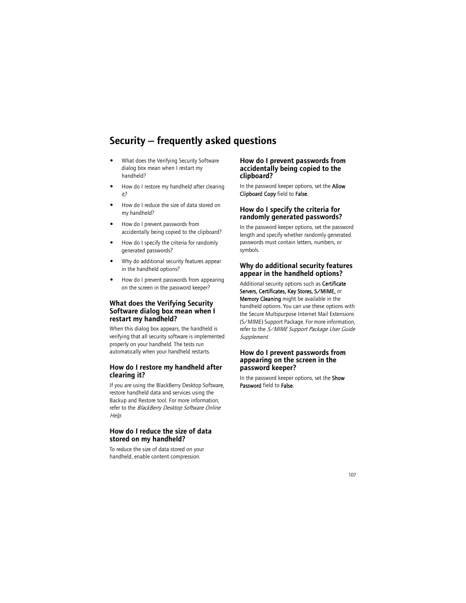 Security - frequently asked questions, How do i restore my handheld after clearing it, Security — frequently asked questions | Blackberry 7290 User Manual | Page 107 / 132