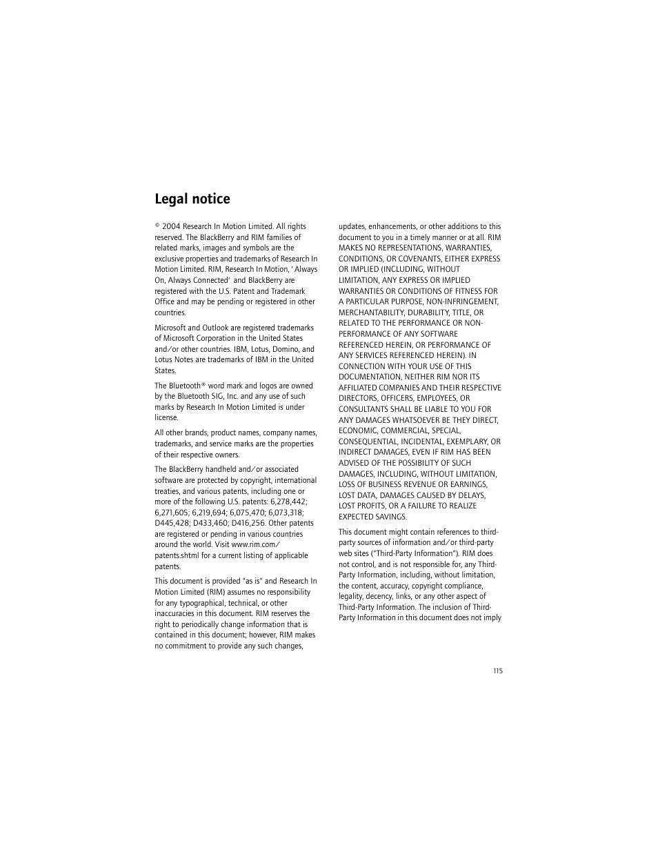 Legal notice | Blackberry 7290 User Manual | Page 115 / 132