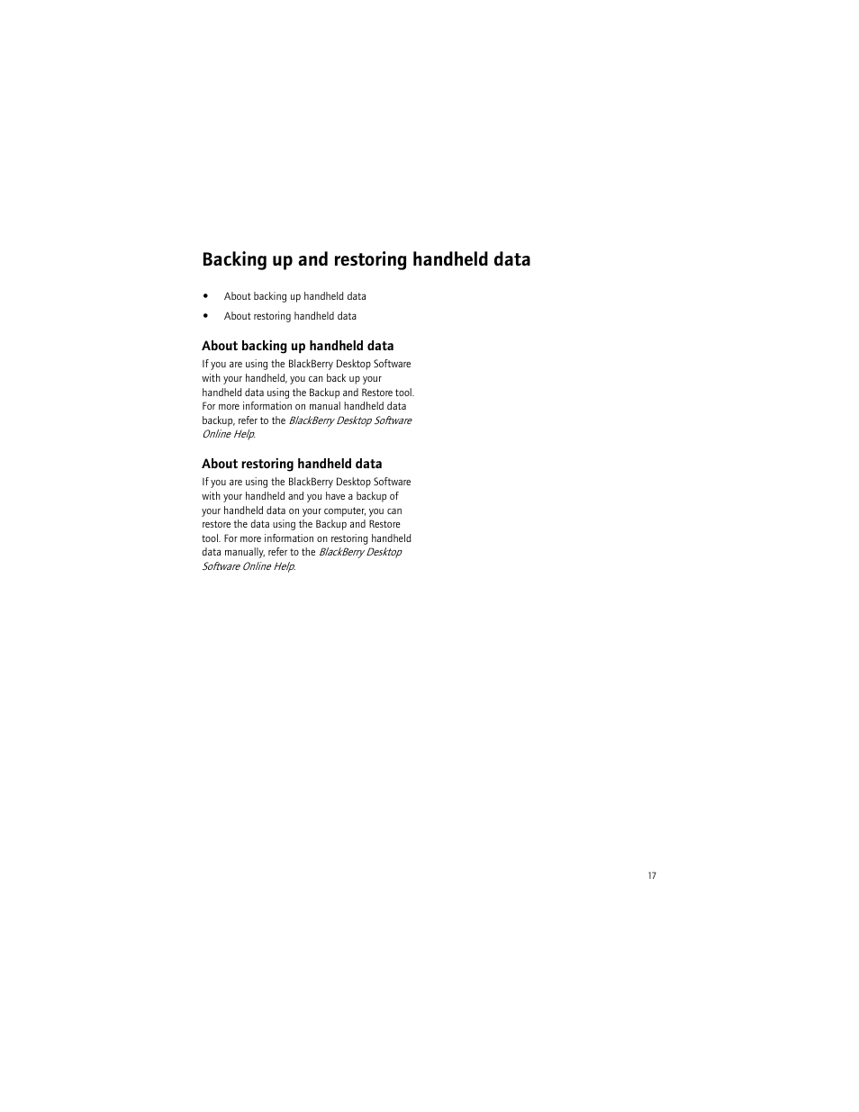 Backing up and restoring handheld data, About backing up handheld data, About restoring handheld data | Blackberry 7290 User Manual | Page 17 / 132