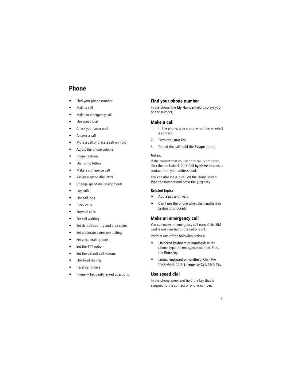 Phone, Find your phone number, Make a call | Make an emergency call, Use speed dial | Blackberry 7290 User Manual | Page 21 / 132