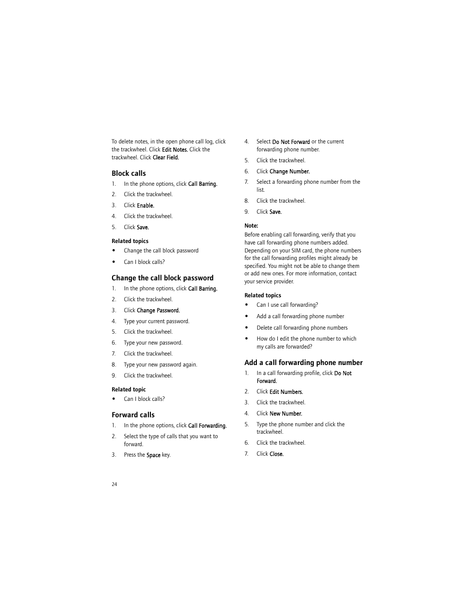 Block calls, Change the call block password, Forward calls | Add a call forwarding phone number | Blackberry 7290 User Manual | Page 24 / 132