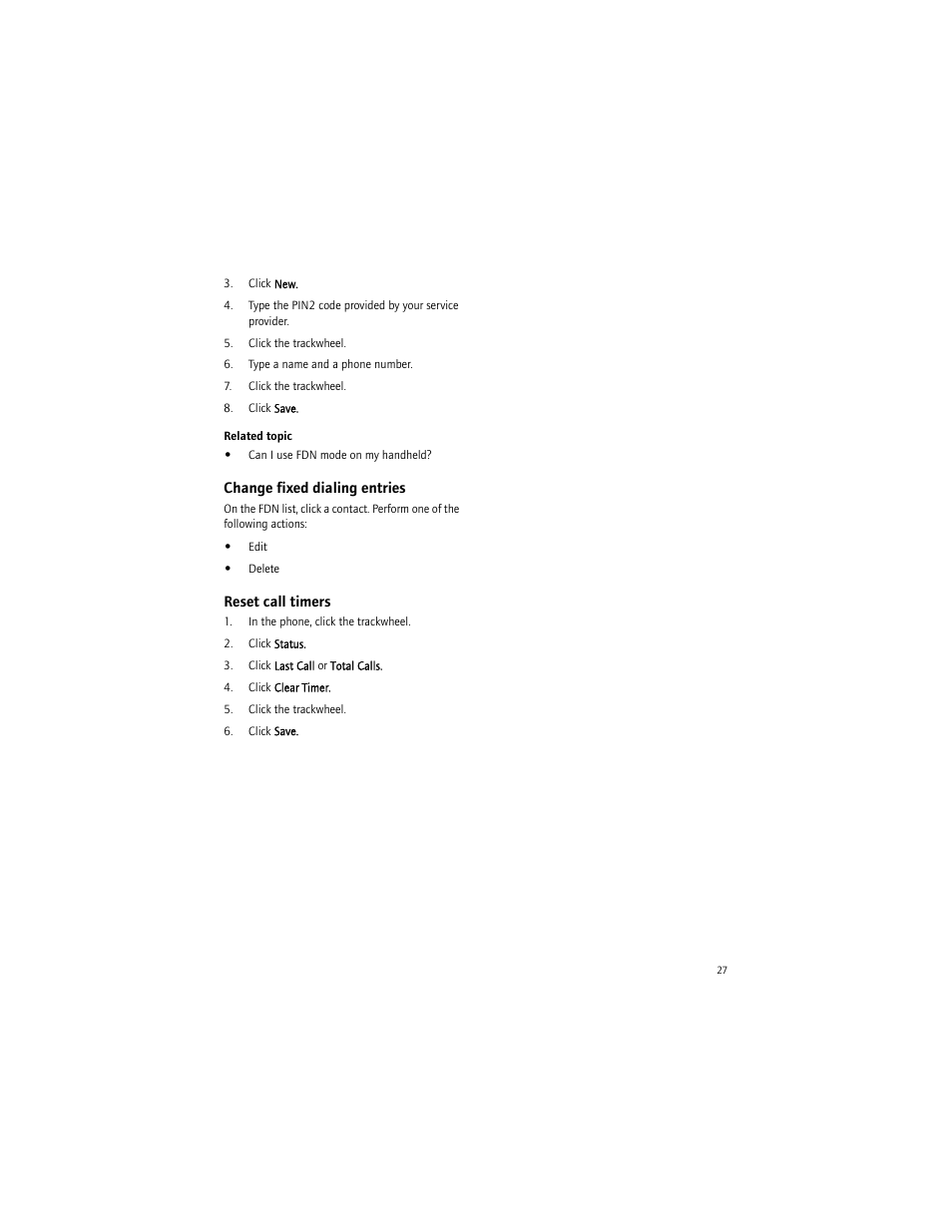 Change fixed dialing entries, Reset call timers | Blackberry 7290 User Manual | Page 27 / 132