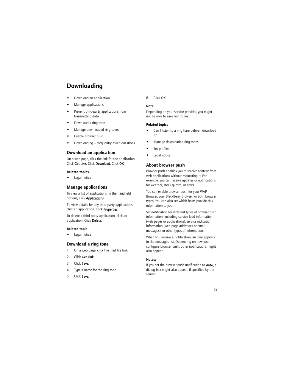 Downloading, Download an application, Manage applications | Download a ring tone, About browser push | Blackberry 7290 User Manual | Page 33 / 132