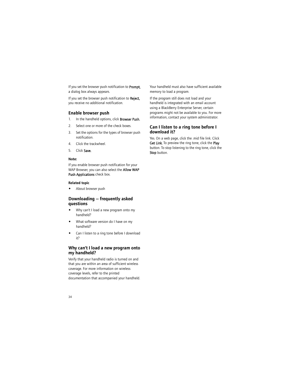 Enable browser push, Downloading - frequently asked questions, Why can’t i load a new program onto my handheld | Can i listen to a ring tone before i download it, Downloading — frequently asked questions | Blackberry 7290 User Manual | Page 34 / 132