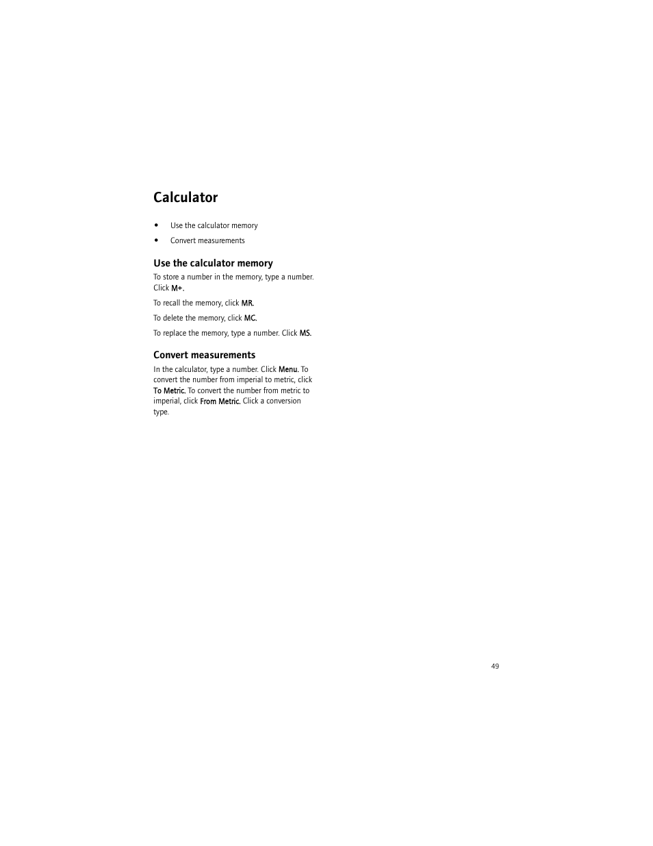 Calculator, Use the calculator memory, Convert measurements | Blackberry 7290 User Manual | Page 49 / 132