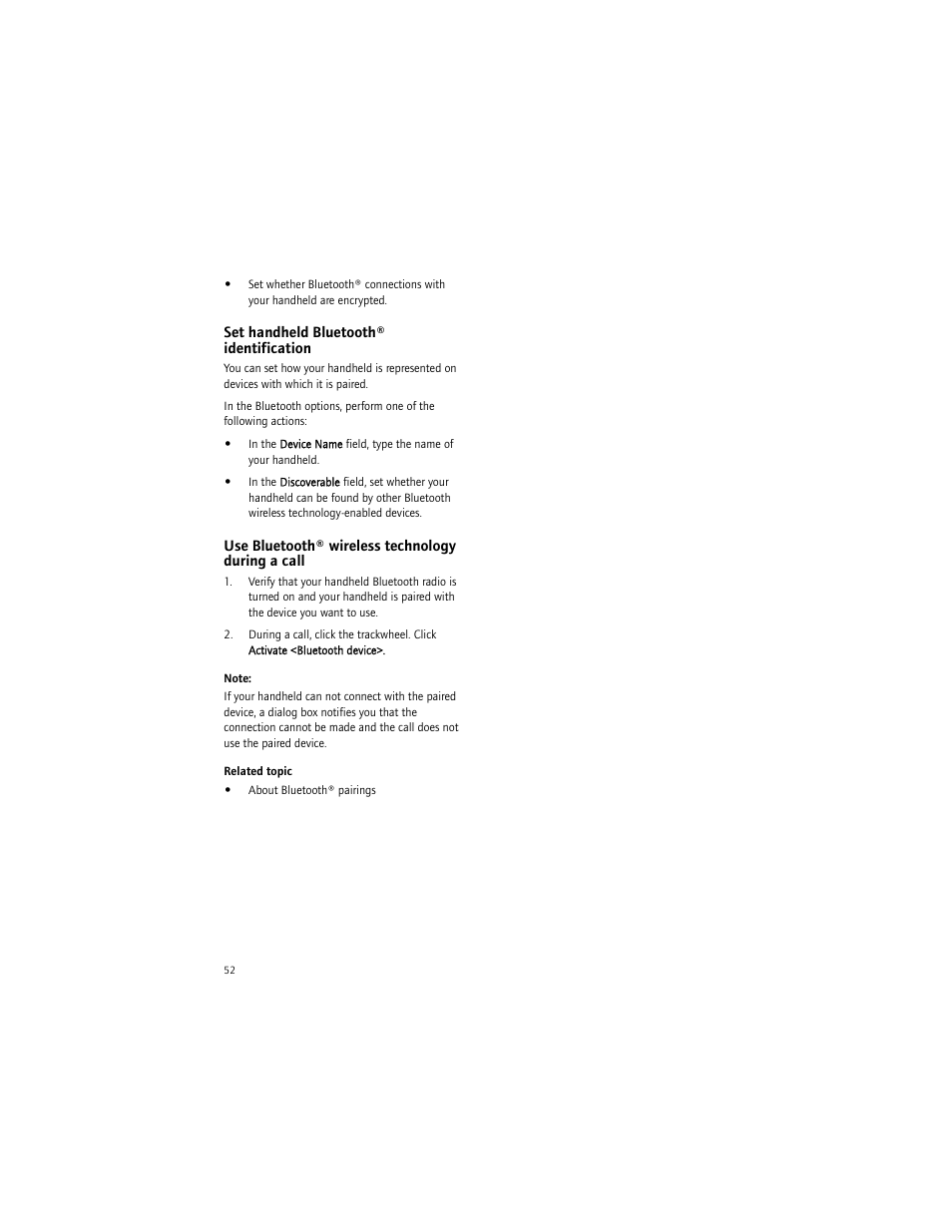 Set handheld bluetooth® identification, Use bluetooth® wireless technology during a call | Blackberry 7290 User Manual | Page 52 / 132