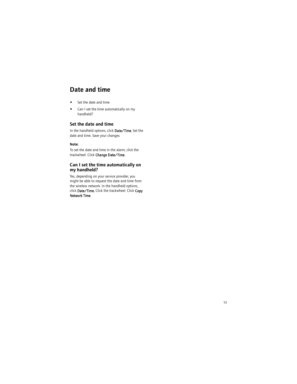 Date and time, Set the date and time, Can i set the time automatically on my handheld | Blackberry 7290 User Manual | Page 53 / 132