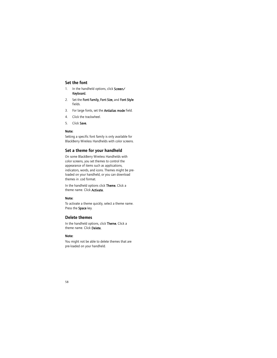 Set the font, Set a theme for your handheld, Delete themes | Blackberry 7290 User Manual | Page 58 / 132