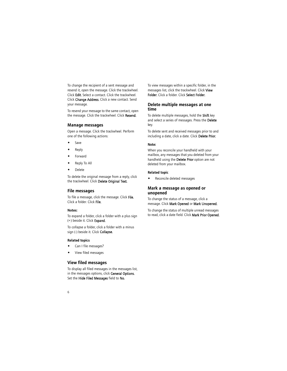 Manage messages, File messages, View filed messages | Delete multiple messages at one time, Mark a message as opened or unopened | Blackberry 7290 User Manual | Page 6 / 132