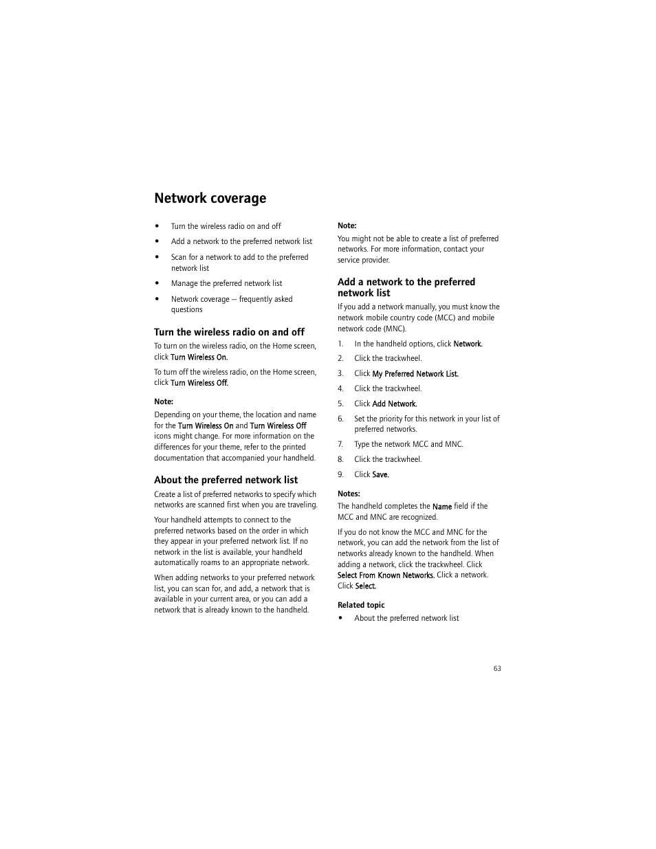 Network coverage, Turn the wireless radio on and off, About the preferred network list | Add a network to the preferred network list | Blackberry 7290 User Manual | Page 63 / 132