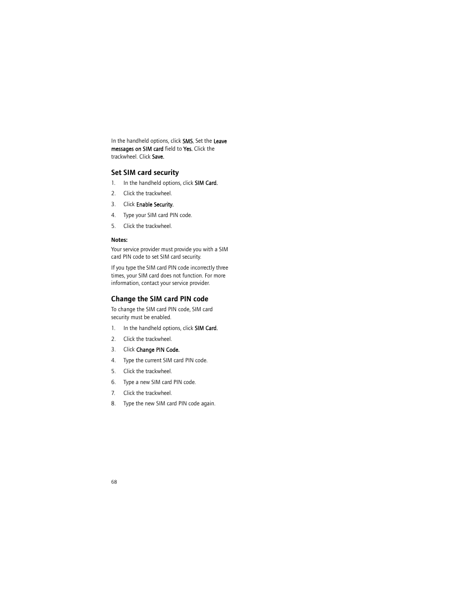 Set sim card security, Change the sim card pin code | Blackberry 7290 User Manual | Page 68 / 132