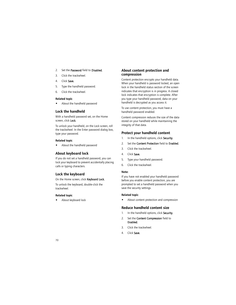 Lock the handheld, About keyboard lock, Lock the keyboard | About content protection and compression, Protect your handheld content, Reduce handheld content size | Blackberry 7290 User Manual | Page 70 / 132