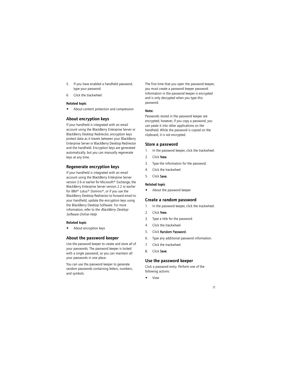 About encryption keys, Regenerate encryption keys, About the password keeper | Store a password, Create a random password, Use the password keeper | Blackberry 7290 User Manual | Page 71 / 132