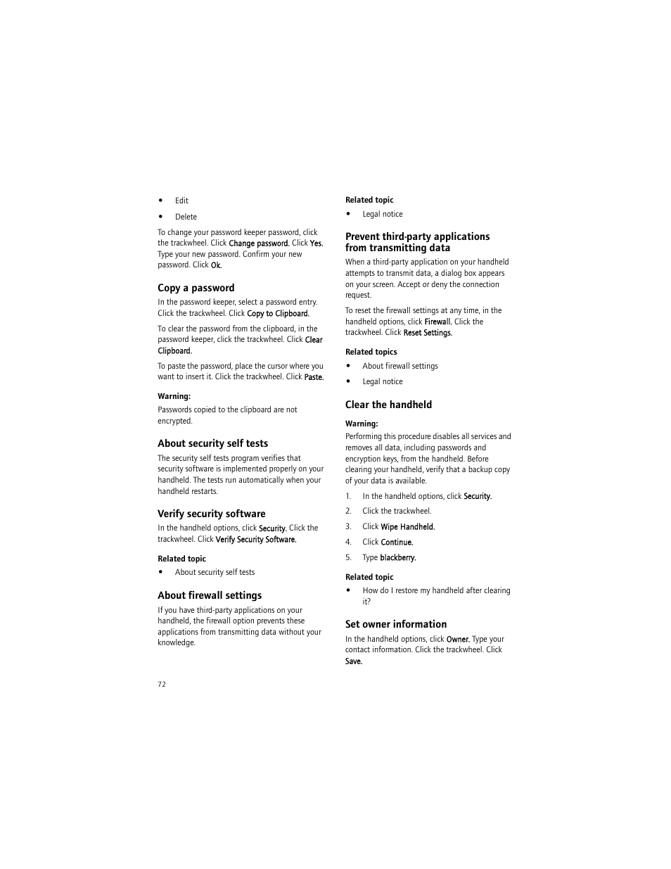 Copy a password, About security self tests, Verify security software | About firewall settings, Clear the handheld, Set owner information | Blackberry 7290 User Manual | Page 72 / 132