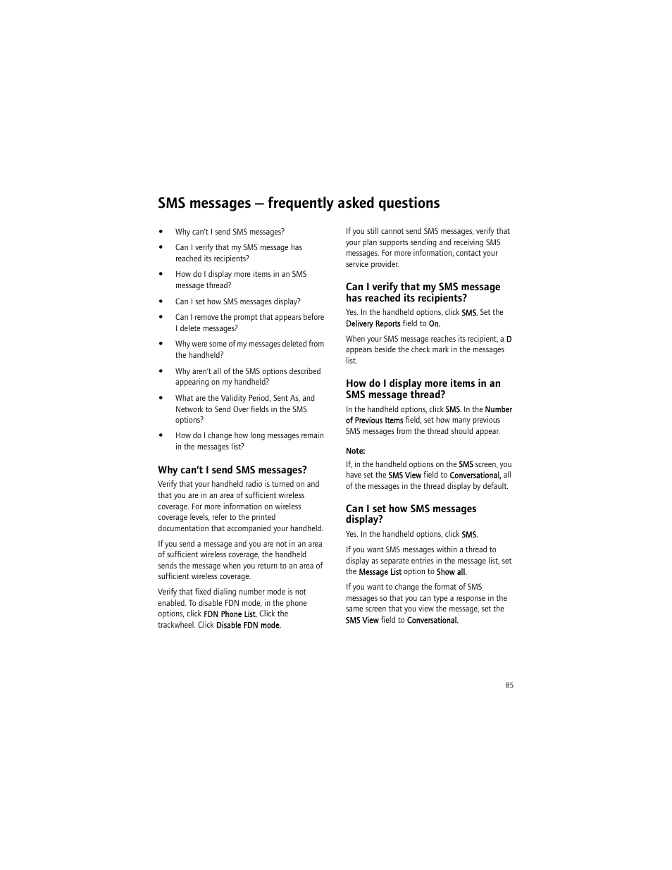 Sms messages - frequently asked questions, Why can’t i send sms messages, Can i set how sms messages display | Sms messages — frequently asked questions | Blackberry 7290 User Manual | Page 85 / 132