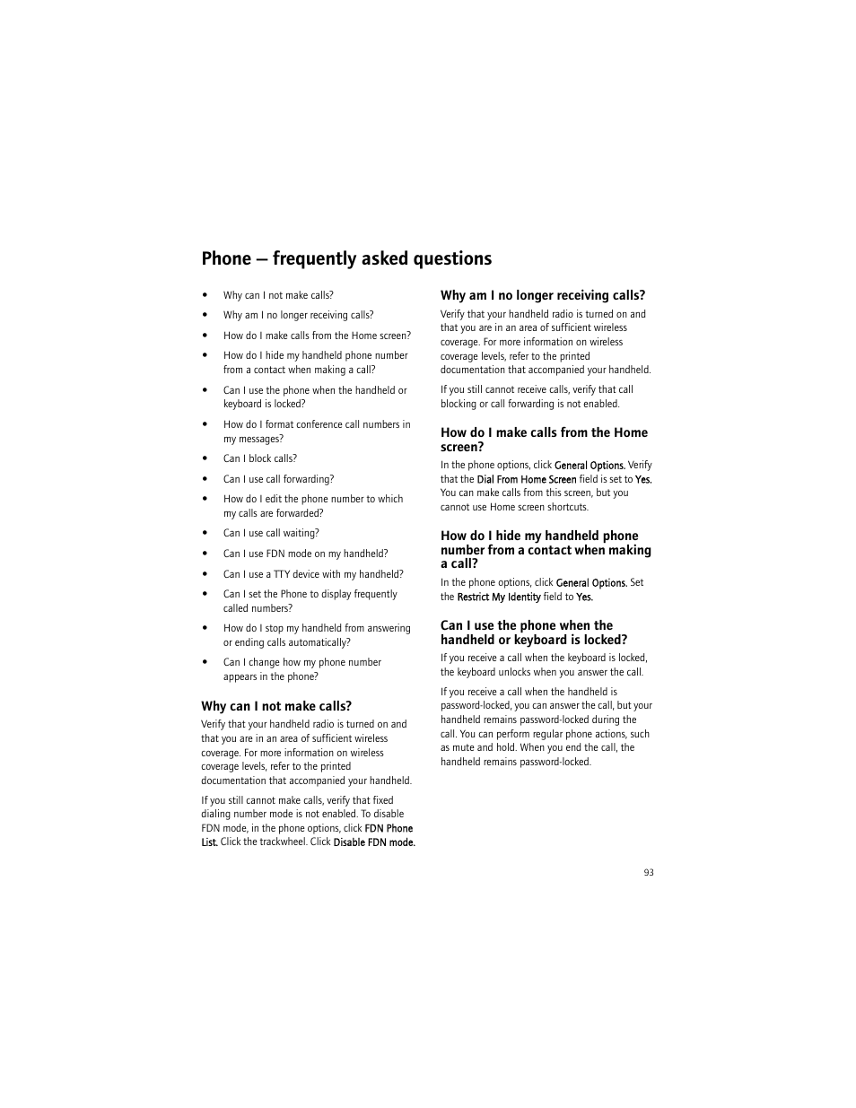 Phone - frequently asked questions, Why can i not make calls, Why am i no longer receiving calls | How do i make calls from the home screen, Phone — frequently asked questions | Blackberry 7290 User Manual | Page 93 / 132