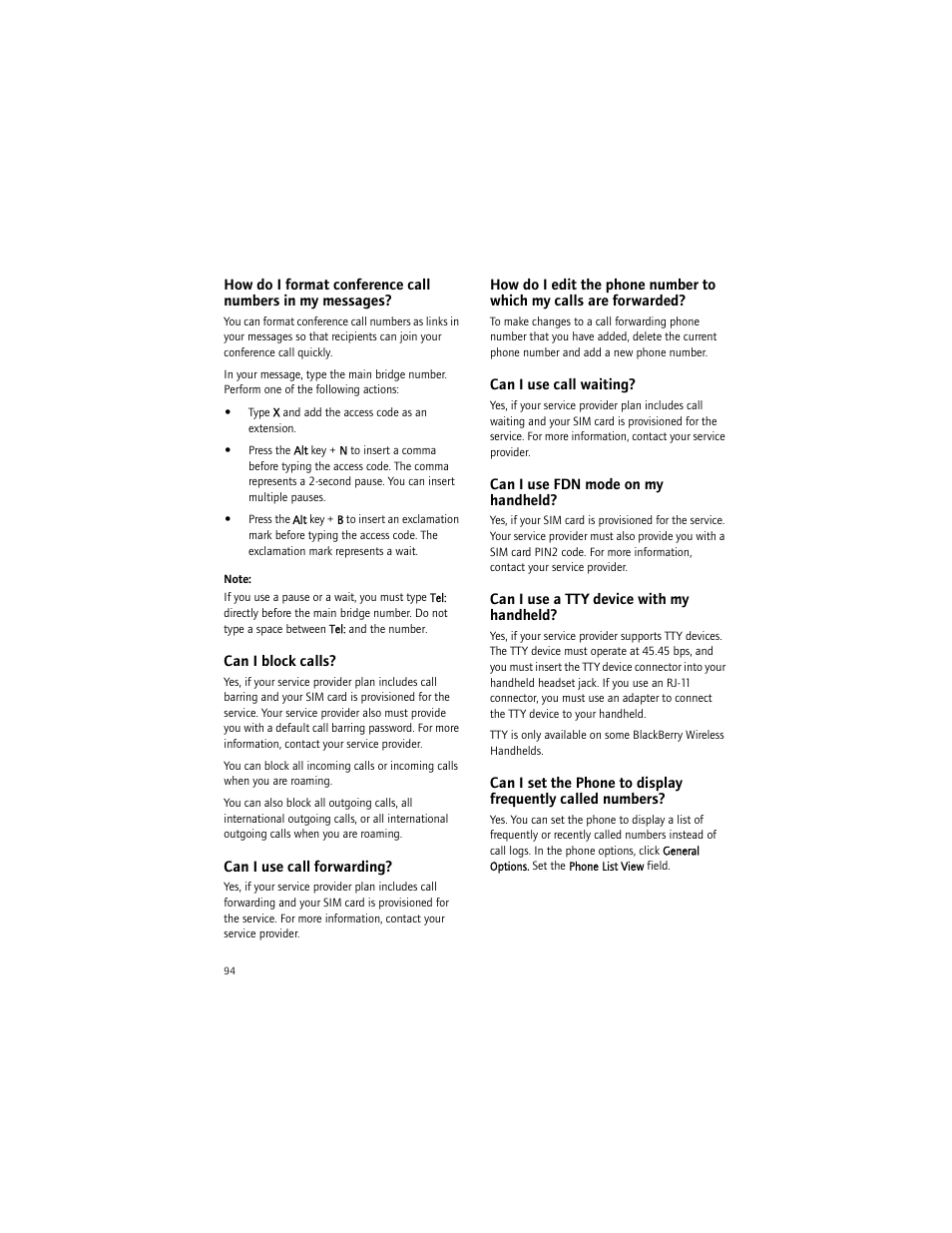 Can i block calls, Can i use call forwarding, Can i use call waiting | Can i use fdn mode on my handheld, Can i use a tty device with my handheld | Blackberry 7290 User Manual | Page 94 / 132