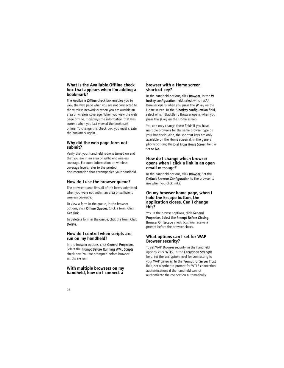 How do i use the browser queue, What options can i set for wap browser security | Blackberry 7290 User Manual | Page 98 / 132