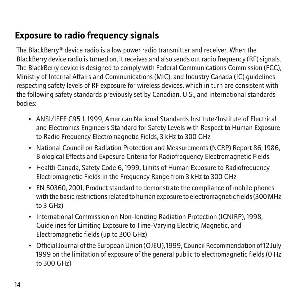 Exposure to radio frequency signals | Blackberry Curve 8310 User Manual | Page 16 / 31