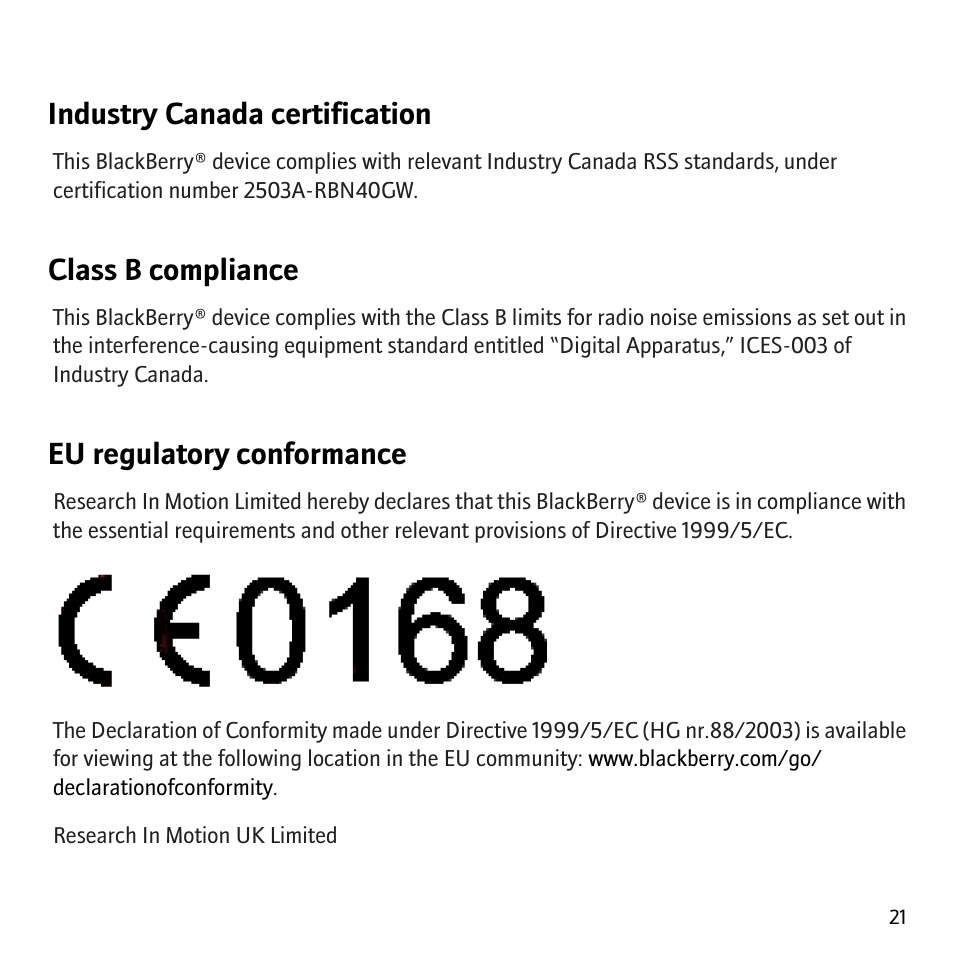 Industry canada certification, Class b compliance, Eu regulatory conformance | Blackberry Curve 8310 User Manual | Page 23 / 31