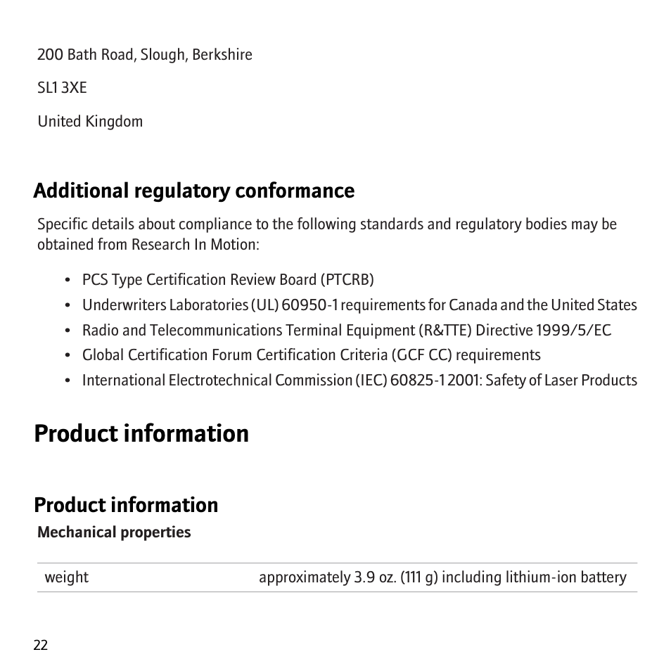 Product information, Additional regulatory conformance | Blackberry Curve 8310 User Manual | Page 24 / 31