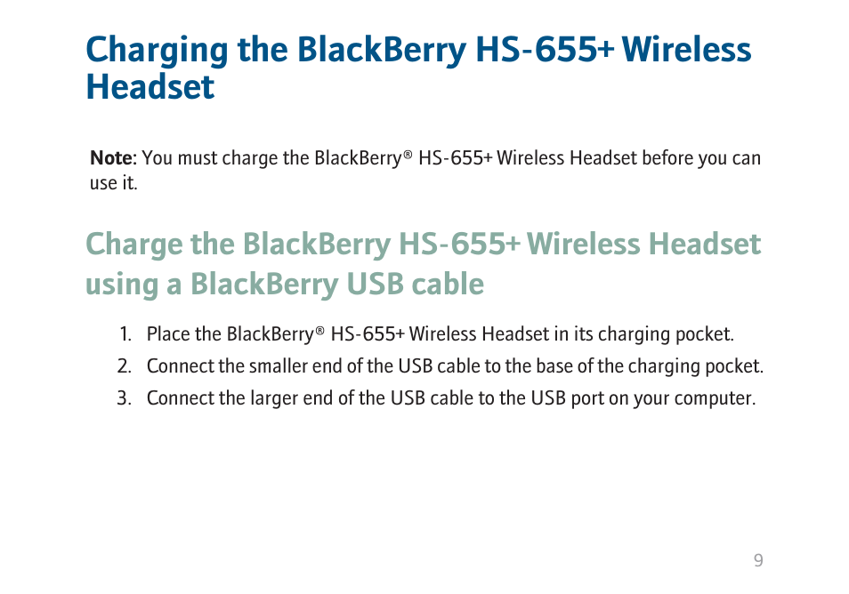 Charging the blackberry hs-655+ wireless headset | Blackberry HS-655 User Manual | Page 11 / 24