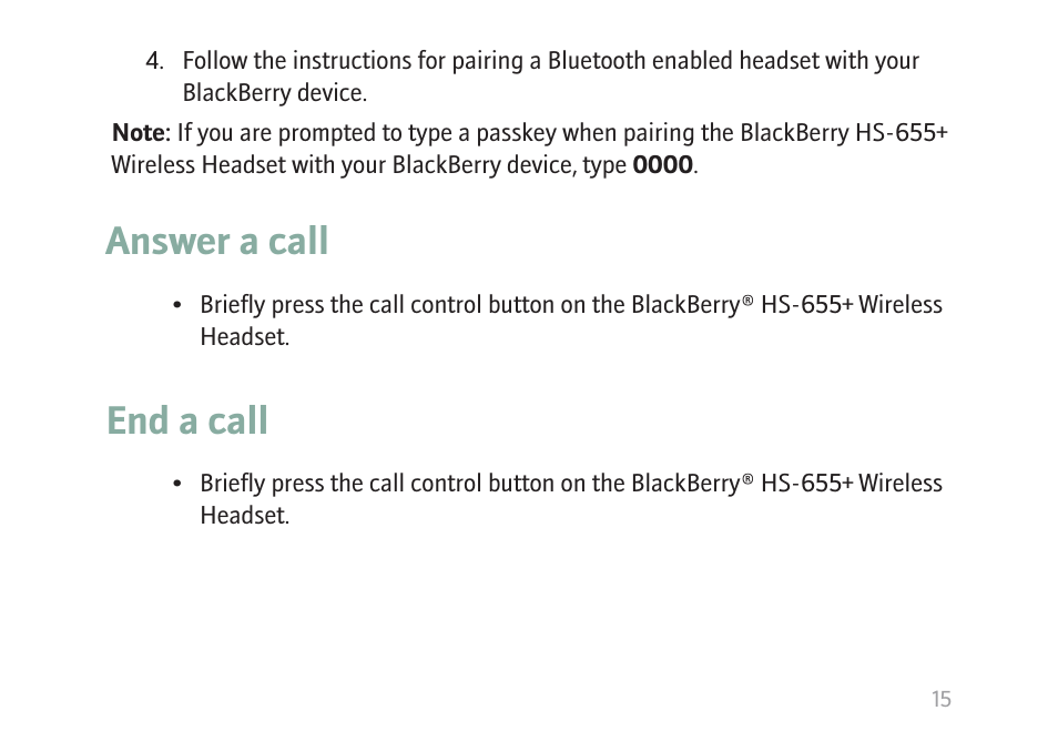Answer a call, End a call | Blackberry HS-655 User Manual | Page 17 / 24