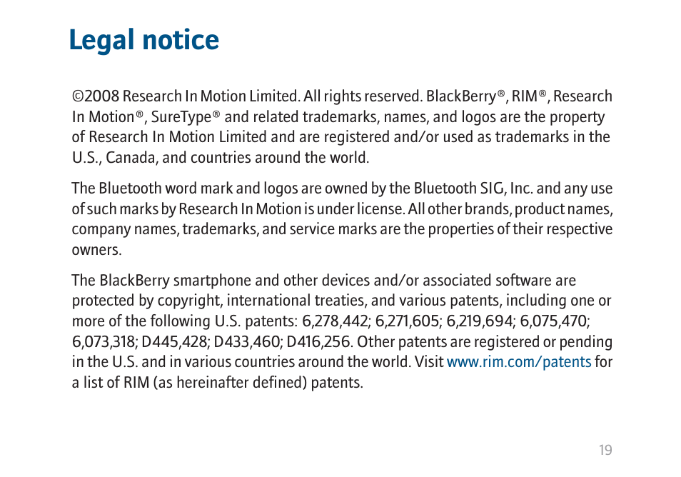 Legal notice | Blackberry HS-655 User Manual | Page 21 / 24