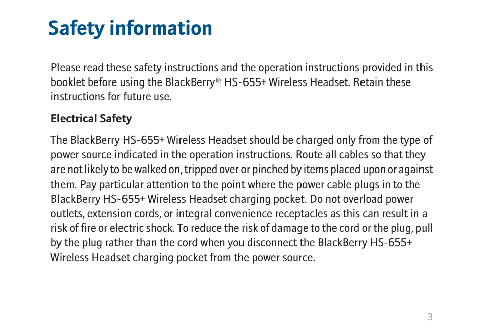 Safety information | Blackberry HS-655 User Manual | Page 5 / 24