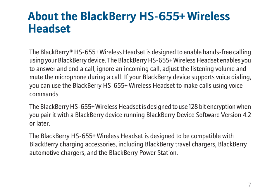 About the blackberry hs-655+ wireless headset | Blackberry HS-655 User Manual | Page 9 / 24