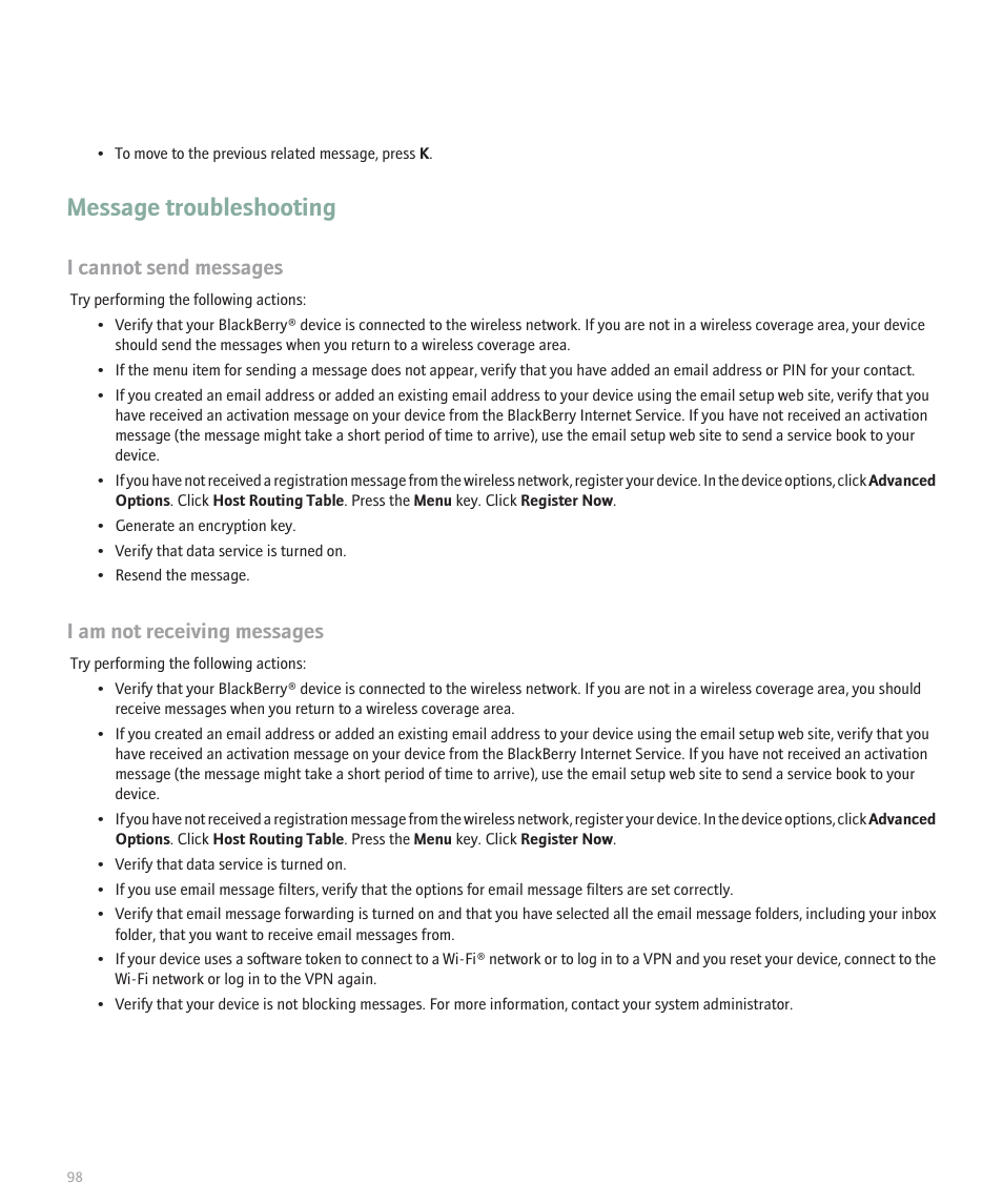Message troubleshooting, I cannot send messages, I am not receiving messages | Blackberry 8320 User Manual | Page 100 / 288