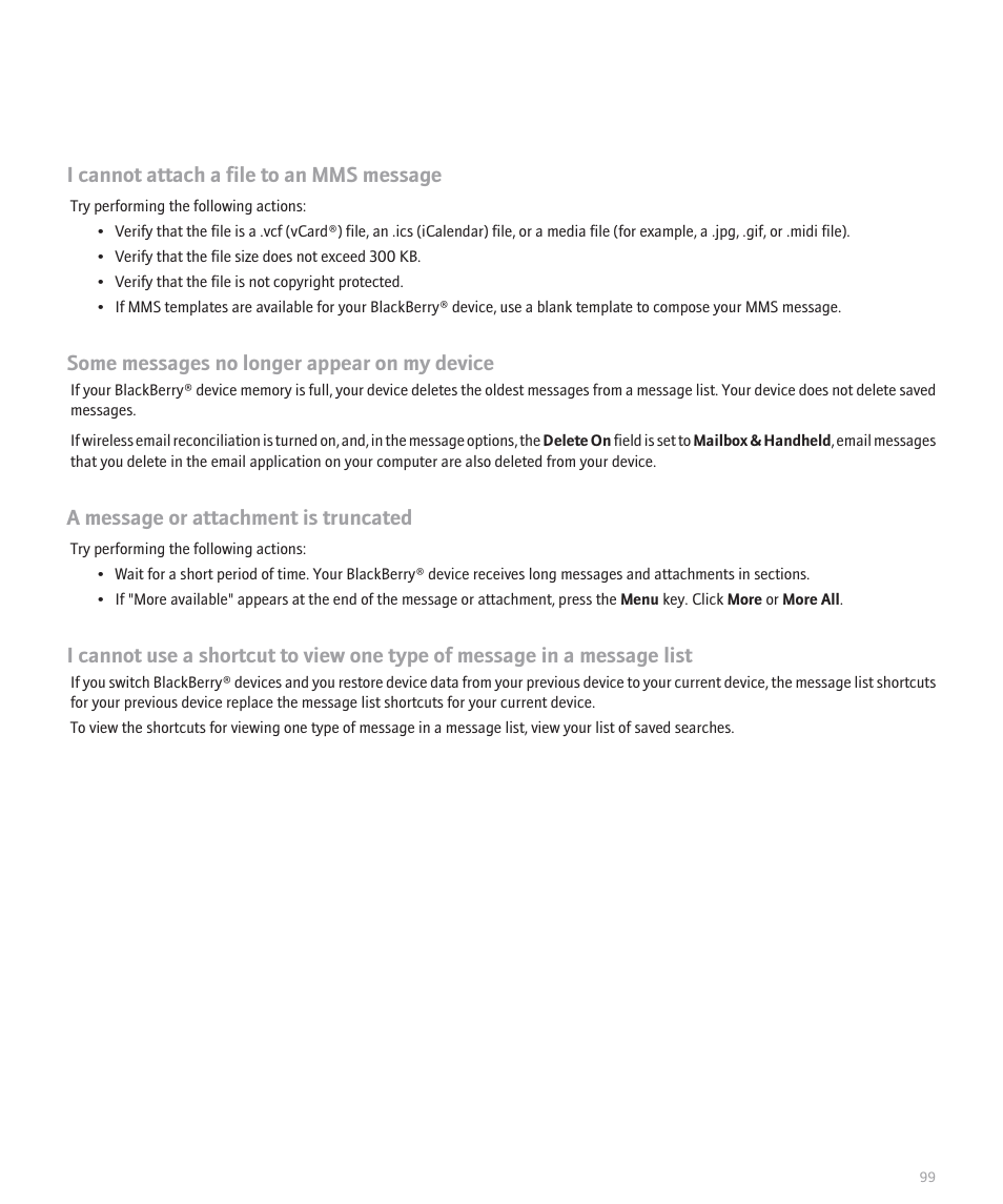 I cannot attach a file to an mms message, Some messages no longer appear on my device, A message or attachment is truncated | Blackberry 8320 User Manual | Page 101 / 288