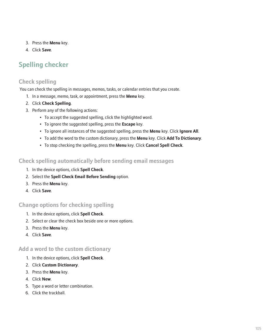 Spelling checker, Check spelling, Change options for checking spelling | Add a word to the custom dictionary | Blackberry 8320 User Manual | Page 107 / 288