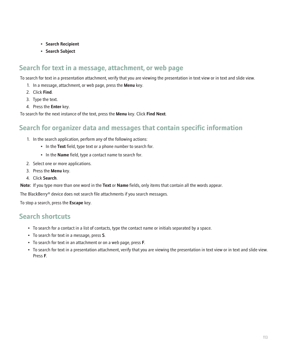 Search shortcuts | Blackberry 8320 User Manual | Page 115 / 288
