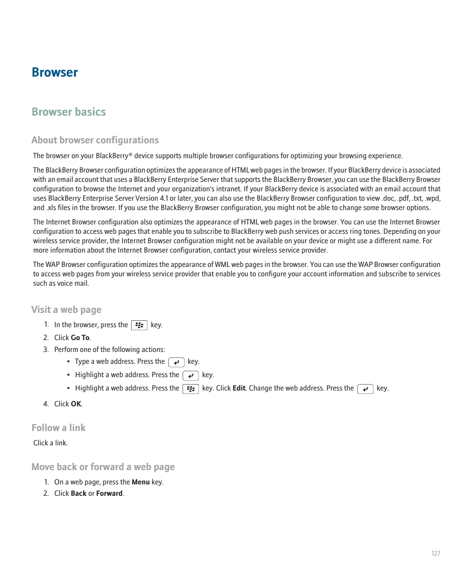 Browser, Browser basics, About browser configurations | Visit a web page, Follow a link, Move back or forward a web page | Blackberry 8320 User Manual | Page 129 / 288