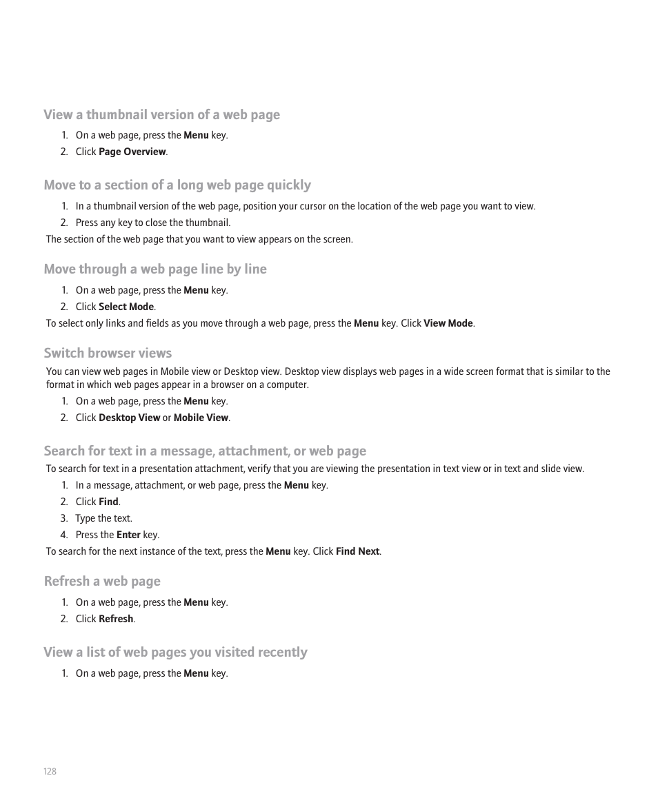 View a thumbnail version of a web page, Move through a web page line by line, Switch browser views | Refresh a web page, View a list of web pages you visited recently | Blackberry 8320 User Manual | Page 130 / 288