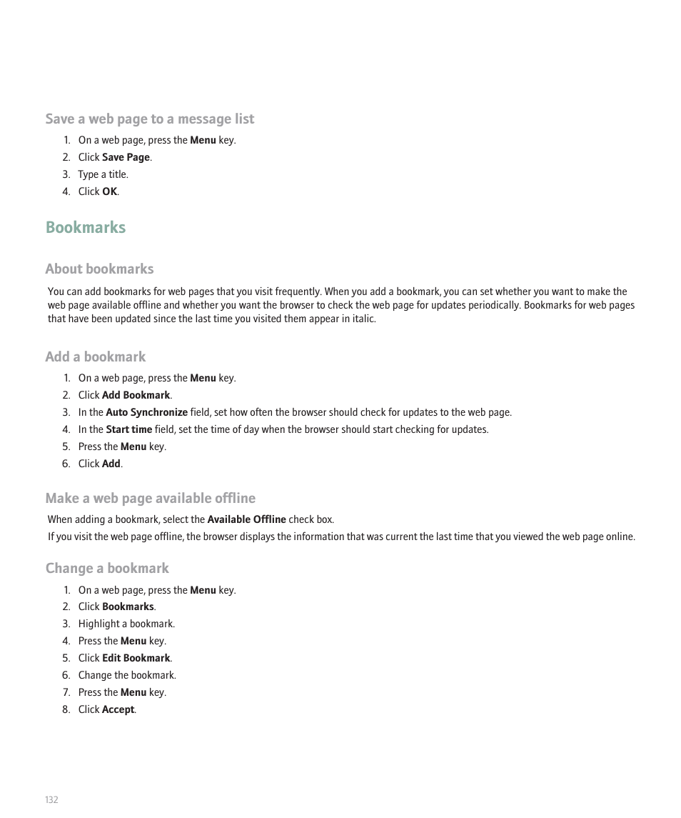 Bookmarks, Save a web page to a message list, About bookmarks | Add a bookmark, Make a web page available offline, Change a bookmark | Blackberry 8320 User Manual | Page 134 / 288