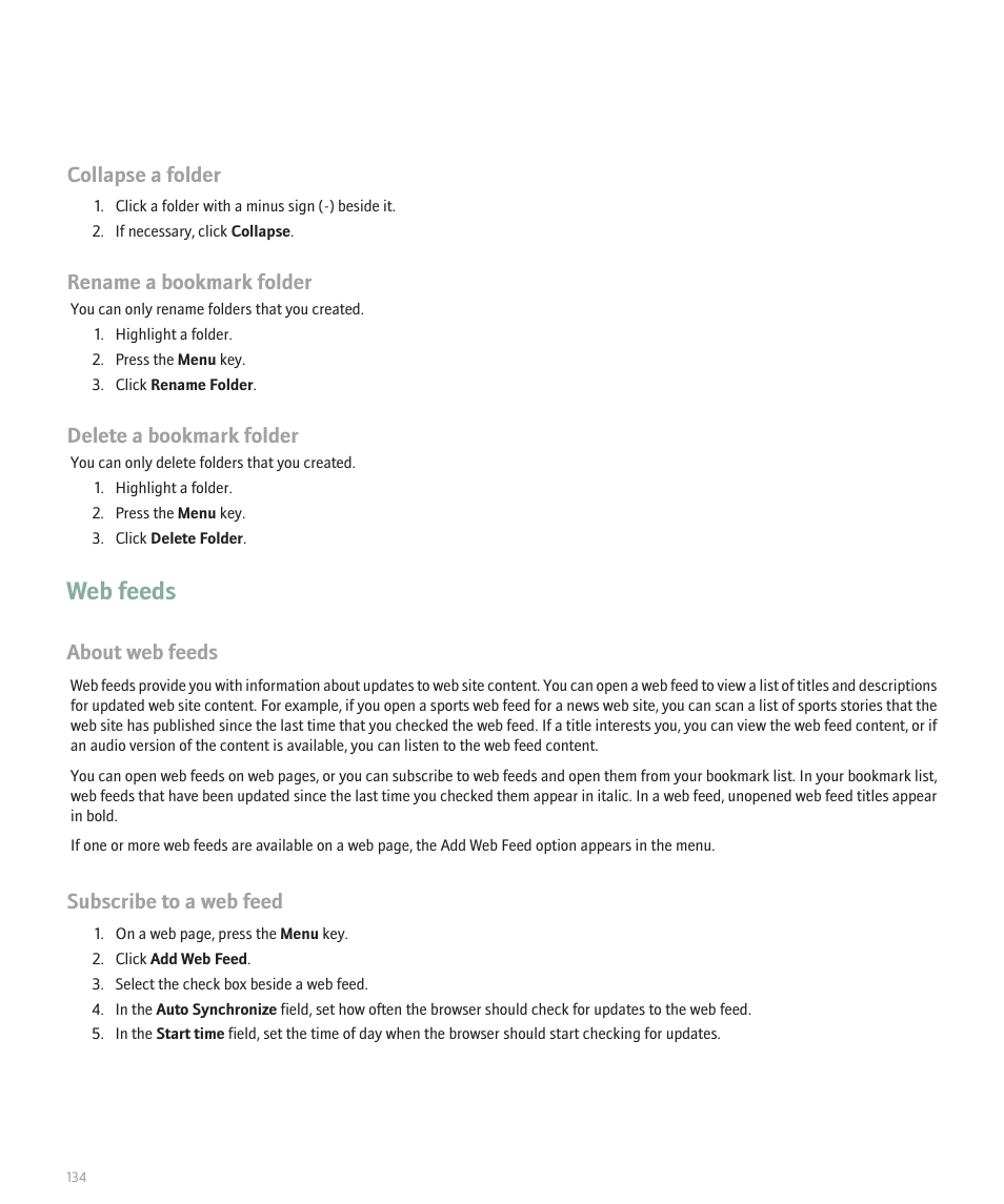 Web feeds, Collapse a folder, Rename a bookmark folder | Delete a bookmark folder, About web feeds, Subscribe to a web feed | Blackberry 8320 User Manual | Page 136 / 288