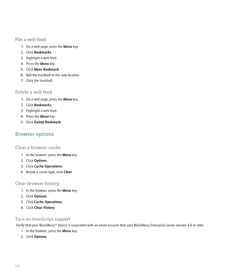 Browser options, File a web feed, Delete a web feed | Clear a browser cache, Clear browser history, Turn on javascript support | Blackberry 8320 User Manual | Page 138 / 288