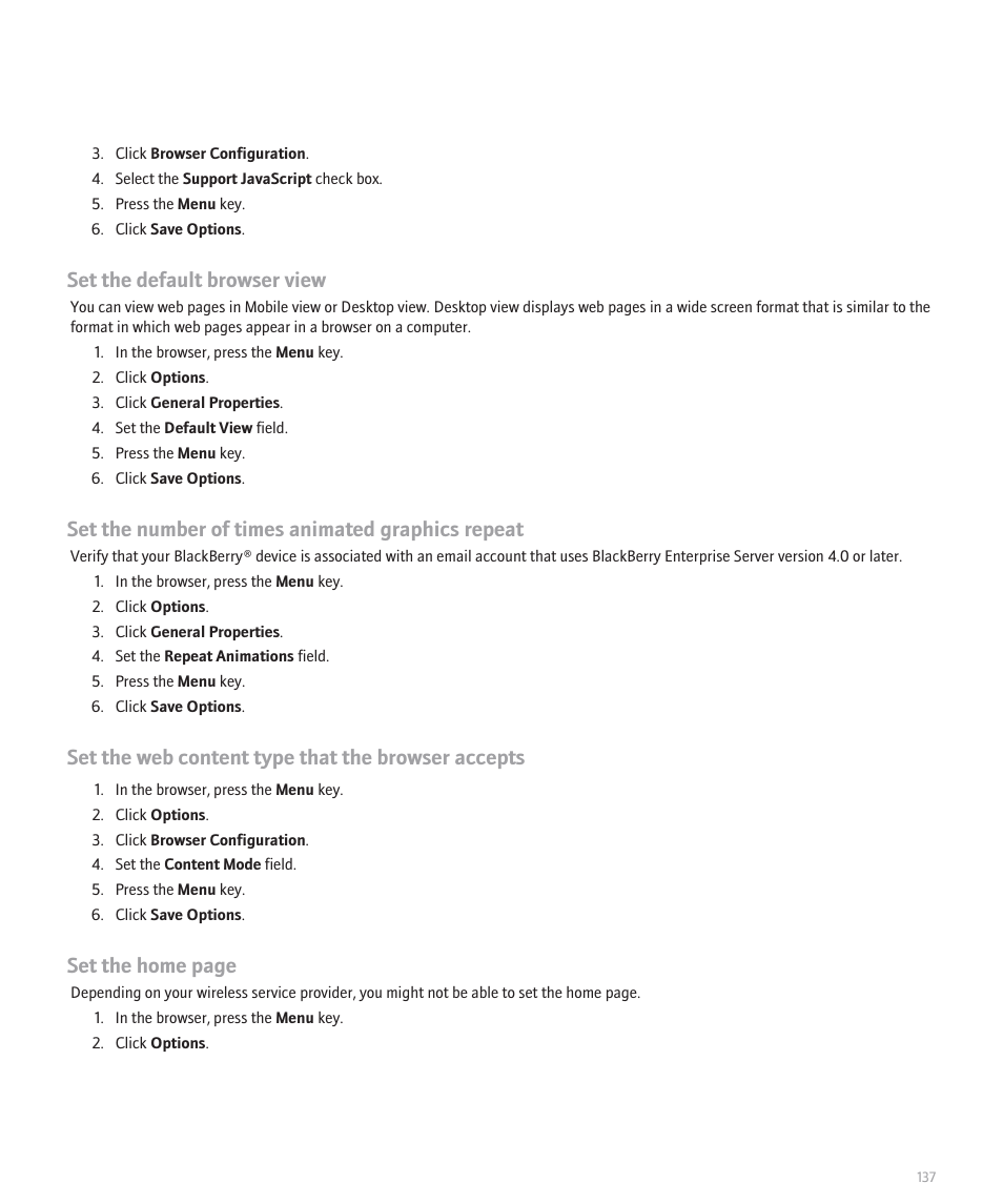 Set the default browser view, Set the number of times animated graphics repeat, Set the web content type that the browser accepts | Set the home page | Blackberry 8320 User Manual | Page 139 / 288