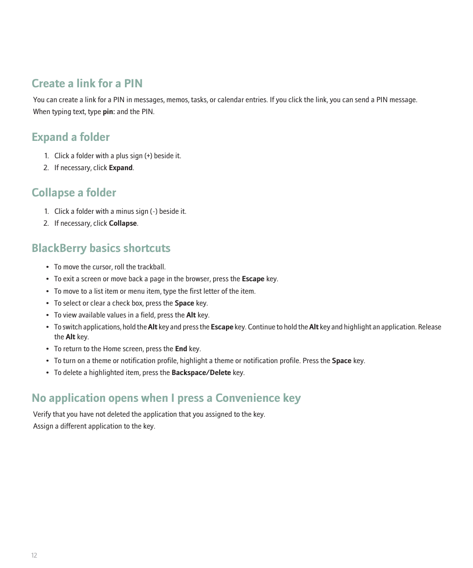 Create a link for a pin, Expand a folder, Collapse a folder | Blackberry basics shortcuts | Blackberry 8320 User Manual | Page 14 / 288